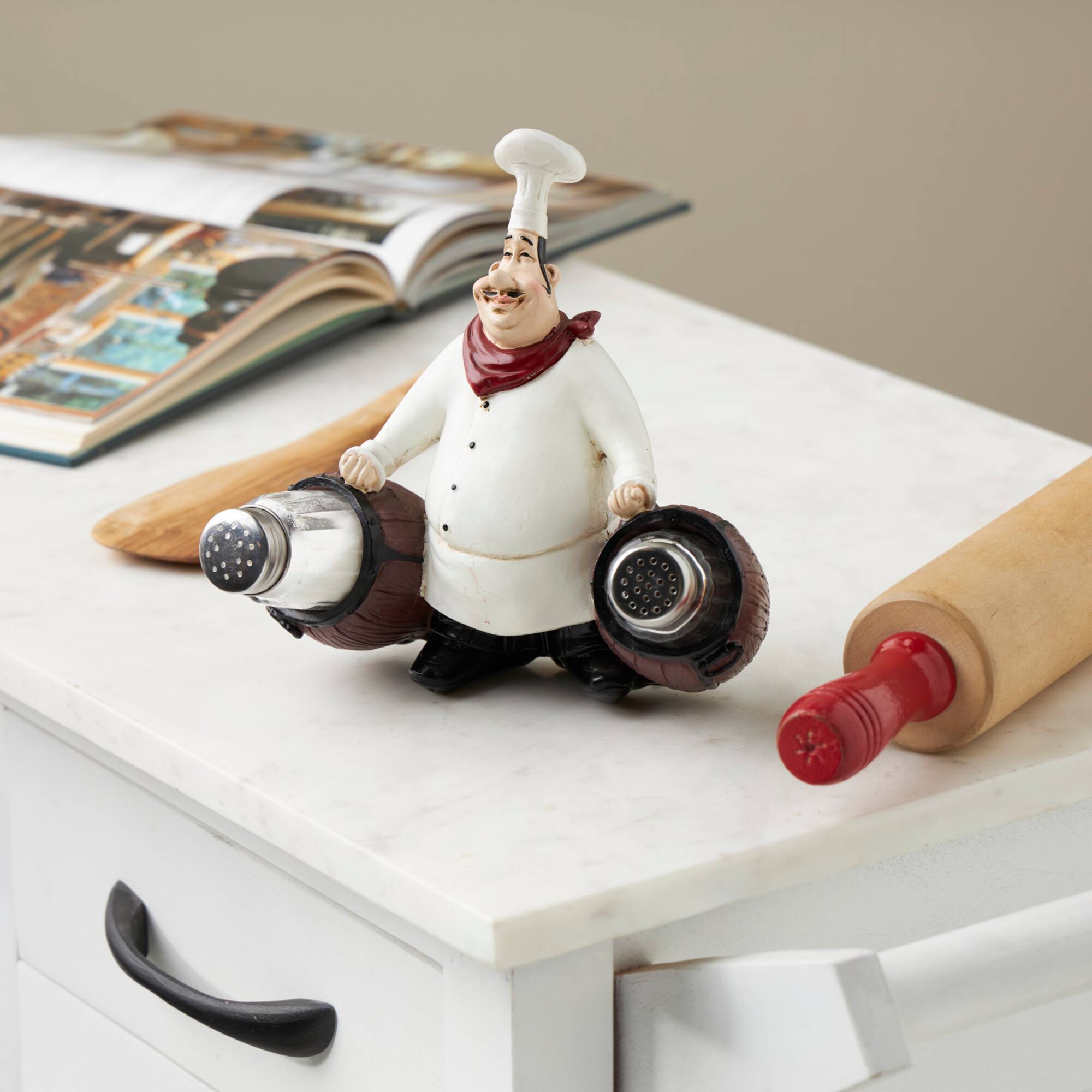 7.5" White Polystone Chef Figurine Salt & Pepper Shaker Holder with Wood Barrel Accents